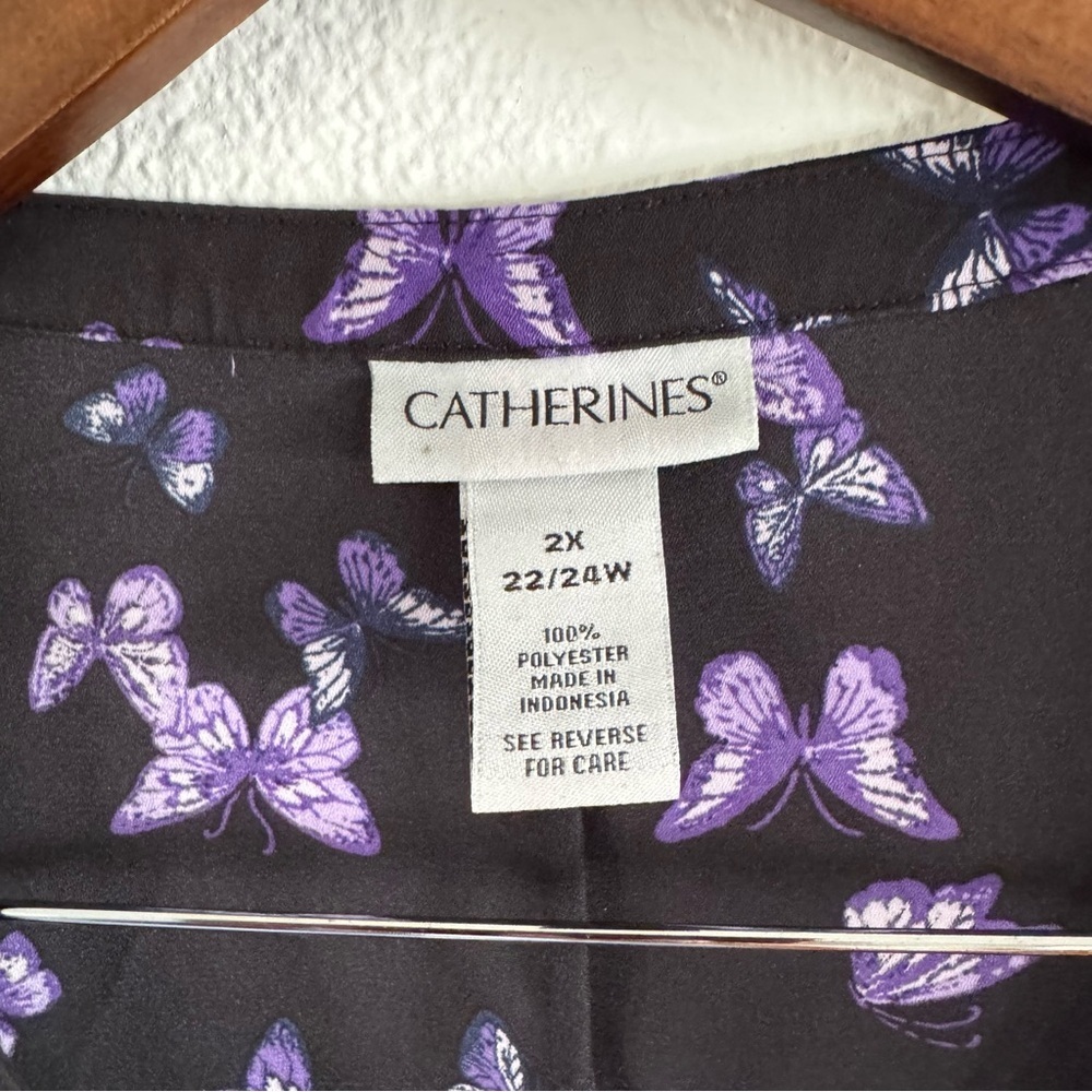 Butterfly Roll Tab Blouse 2X 22/24 Catherines Black Purple Art-to-Wear Shirt Lux - Picture 4 of 9